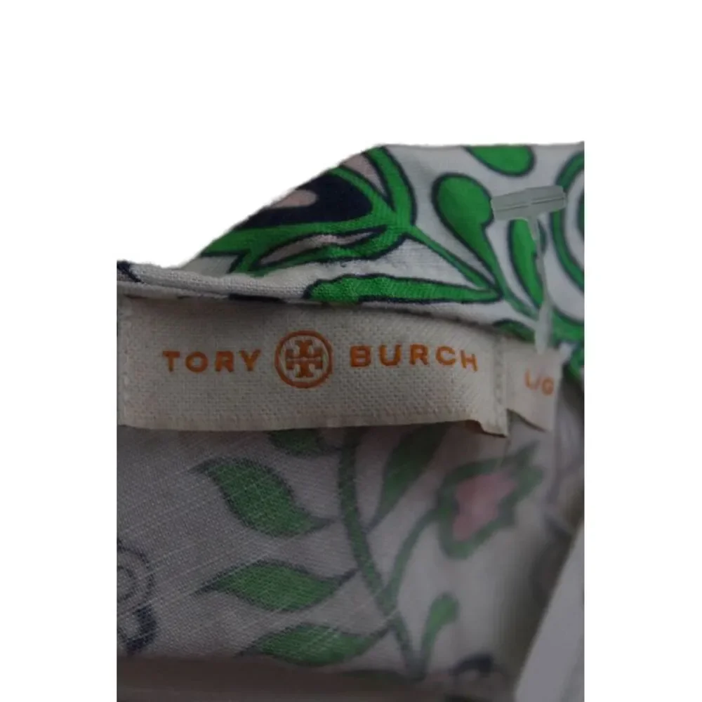 Tory Burch Womens Shift Dress Green Floral Linen Sleeveless Roundneck Zip Size L